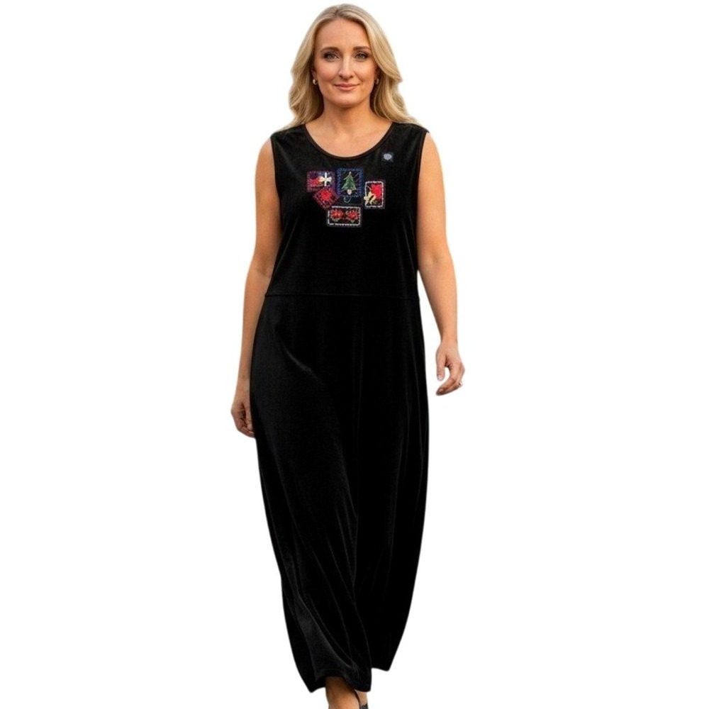 Vtg Erika Black Velour Christmas Maxi Dress XL Sleeveless Presents Tree‎ Holiday
